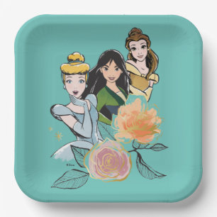 Cinderella, Mulan, & Belle Floral Illustration Paper Plate