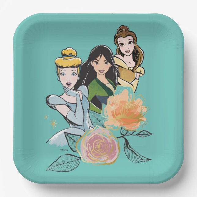 Cinderella, Mulan, & Belle Floral Illustration Paper Plate (Front)