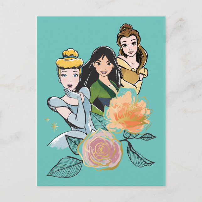 Cinderella, Mulan, & Belle Floral Illustration Postcard (Front)