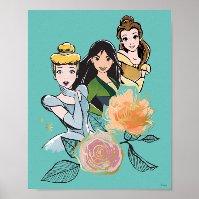 Cinderella, Mulan, & Belle Floral Illustration Poster (Front)