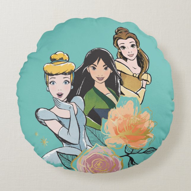 Cinderella, Mulan, & Belle Floral Illustration Round Pillow (Front)