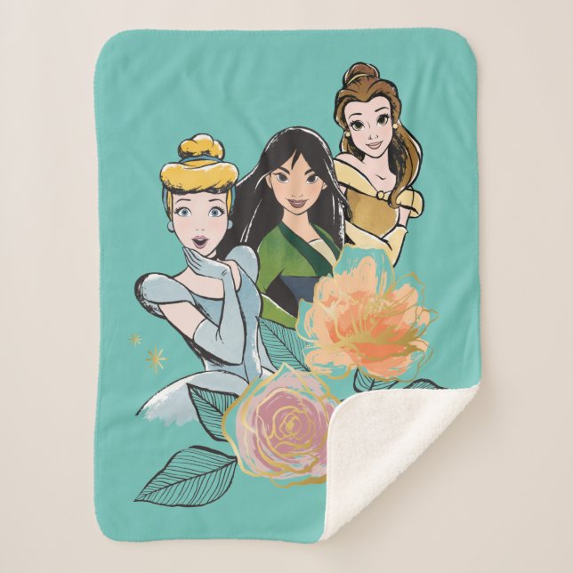 Cinderella, Mulan, & Belle Floral Illustration Sherpa Blanket (Front)