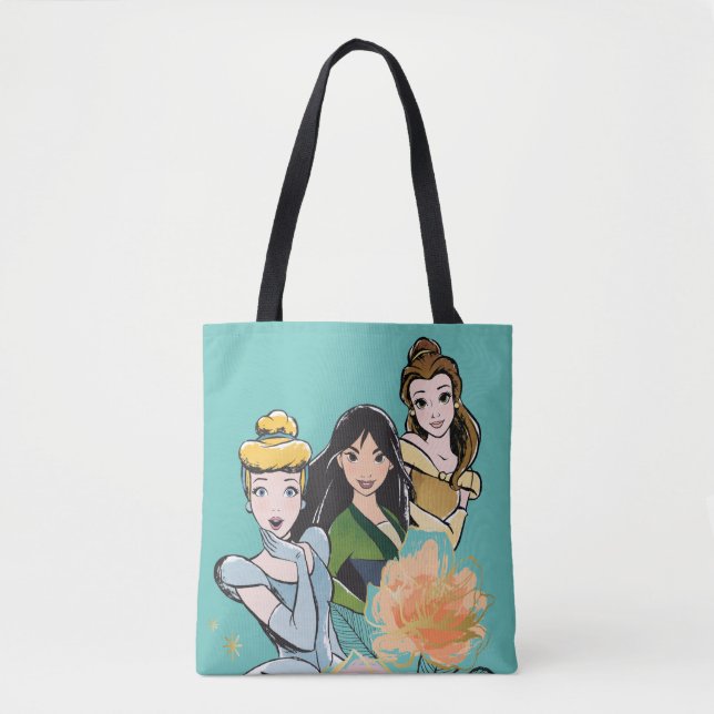 Cinderella, Mulan, & Belle Floral Illustration Tote Bag (Front)