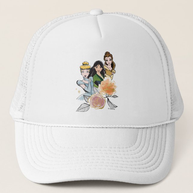 Cinderella, Mulan, & Belle Floral Illustration Trucker Hat (Front)