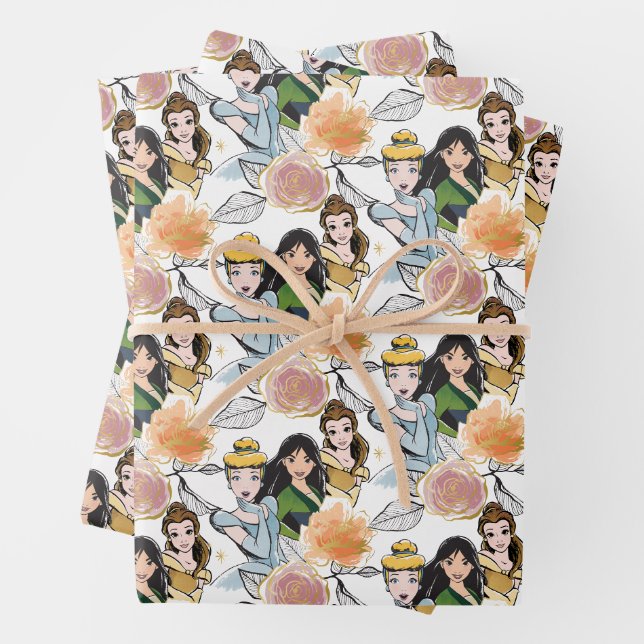 Cinderella, Mulan, & Belle Floral Illustration Wrapping Paper Sheet (In situ)