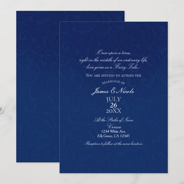 Cinderella Navy Blue Elegant Storybook Wedding Invitation (Front/Back)