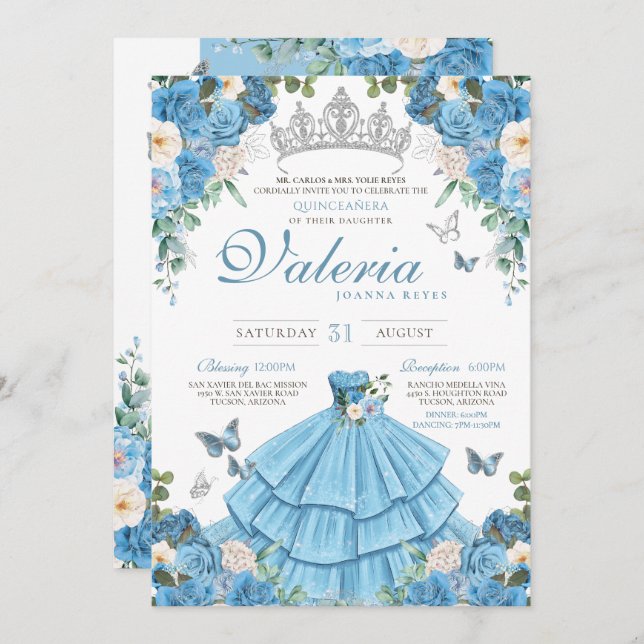 Cinderella Silver Blue Butterfly Princess Birthday Invitation (Front/Back)