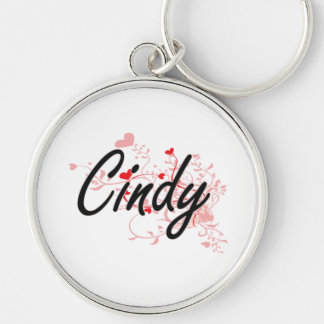 Cindy Artistic Name Design with Hearts Keychain