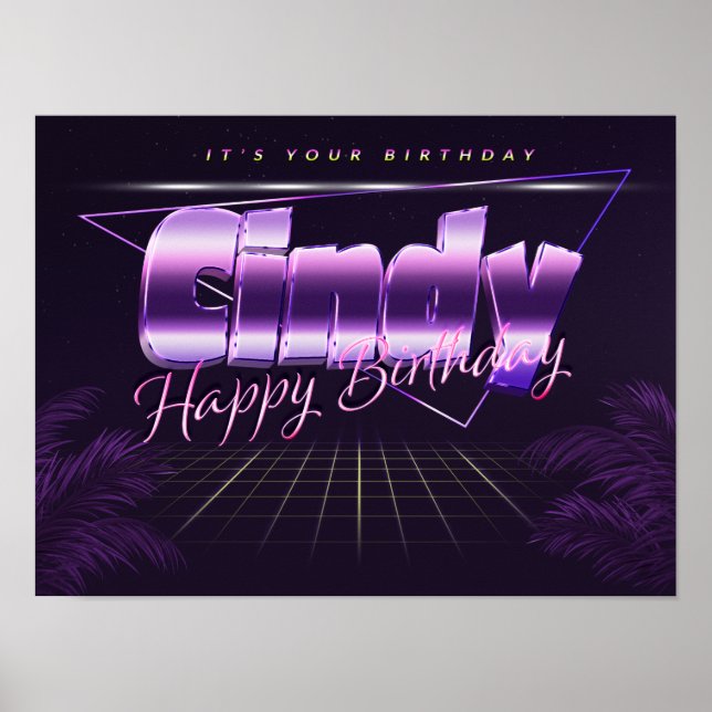 Cindy Name Prénom lila retro Poster Anniversaire (Devant)