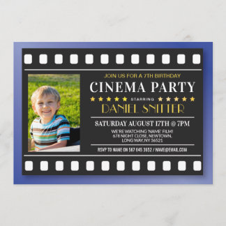 Cinema Birthday Party Movie Film Boy's Blue Photo Invitation