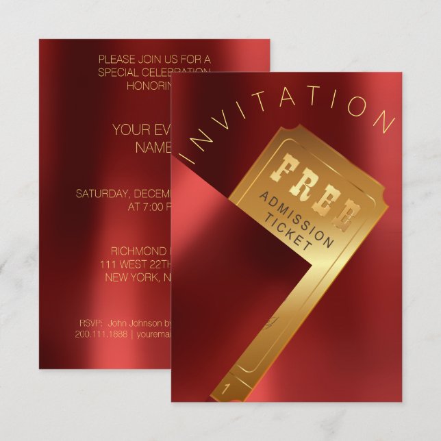 Cinema Film Festival Ticket Metal Red Ruby Gold Invitation (Front/Back)