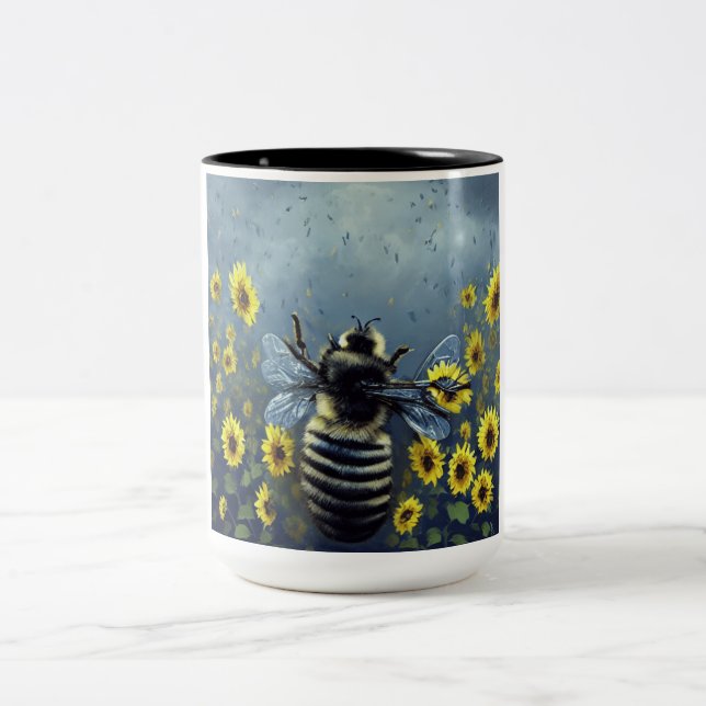 cinematic bee on sunflower Two-Tone coffee mug (Center)