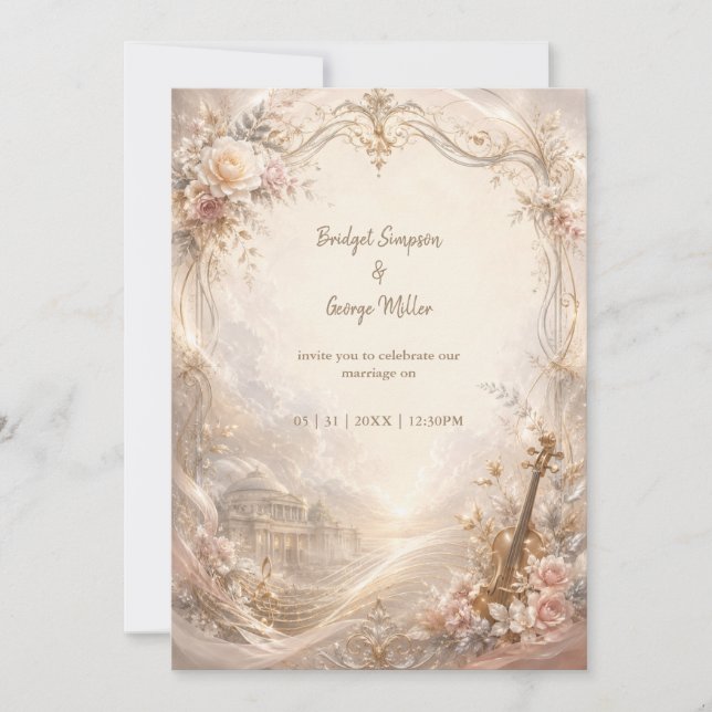 Cinematic Blush Rose Orchestra Wedding Luxe Invitation (Front)