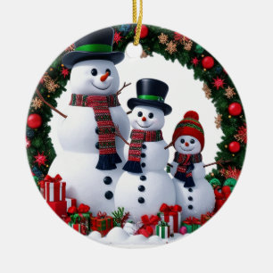 Cinematic Family of 3 Snowman Christmas Wreath  Ceramic Ornament