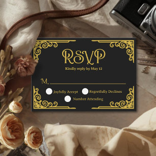  Cinematic Vintage Gold Black Wedding  RSVP Card