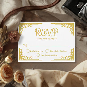  Cinematic Vintage Gold White Wedding  RSVP Card