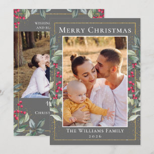 Cinereous Gold Christmas Holly Berries 2 Photo Holiday Card