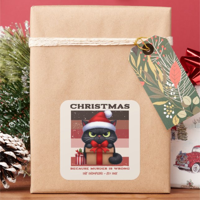 Cinnamon Cocoa Funny Cat Retro Christmas Holiday Square Sticker (Holiday)