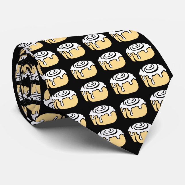 Cinnamon Roll Cartoon Food Pattern Black and White Tie (Rolled)