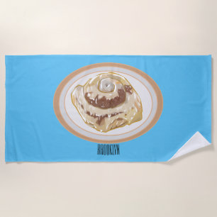 Cinnamon roll cartoon illustration beach towel