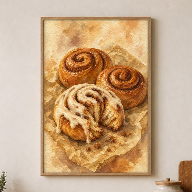 Cinnamon Rolls on Parchment Watercolour Poster (Shown framed for scale. Poster ships unframed; frames are an optional add-on.)