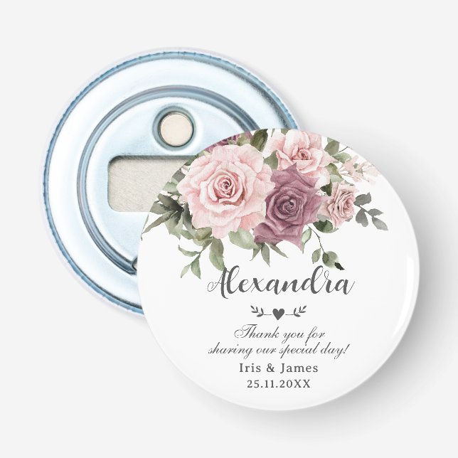 Cinnamon Rose Blush Floral Wedding Favour Bottle Opener (Front)