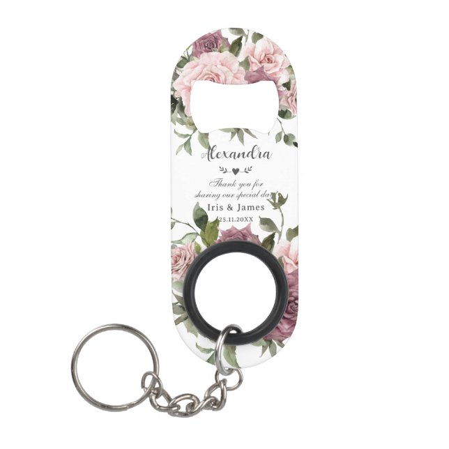 Cinnamon Rose Blush Floral Wedding Favour Keychain Bottle Opener (Front)