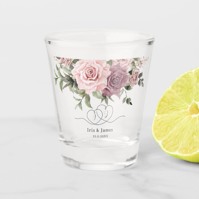 Cinnamon Rose Blush Floral Wedding Favour Shot Glass (Front)