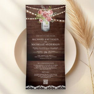 Cinnamon Rose Floral Mason Jar QR Code Wedding Tri-Fold Invitation