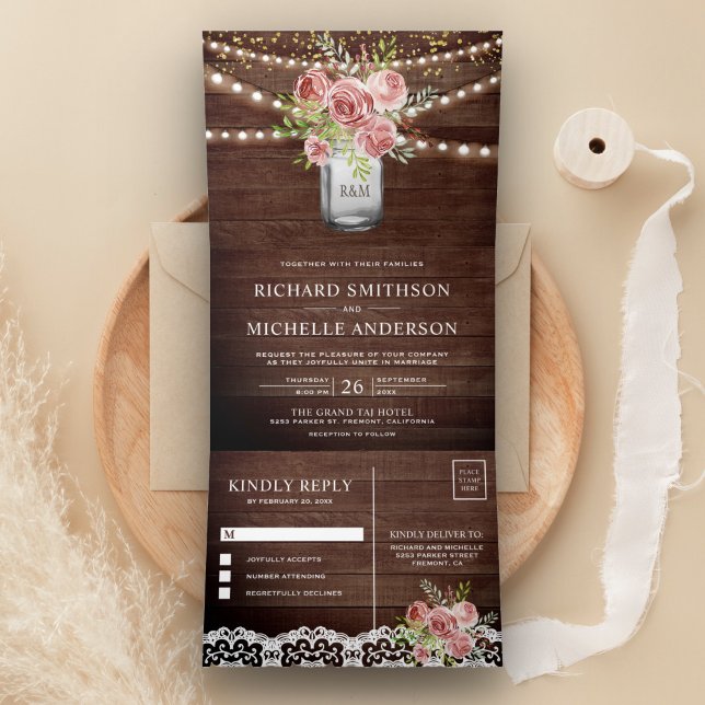 Cinnamon Rose Floral Mason Jar Rustic Wood Wedding Tri-Fold Invitation (Creator Uploaded)