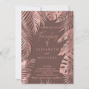 Cinnamon rose gold foil  tropical leaves romantic invitation