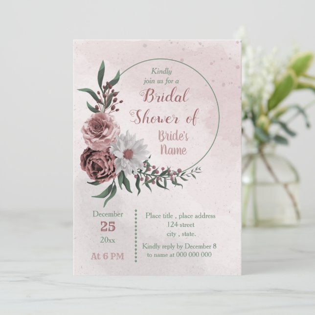 cinnamon rose white floral wreath bridal shower invitation (Standing Front)