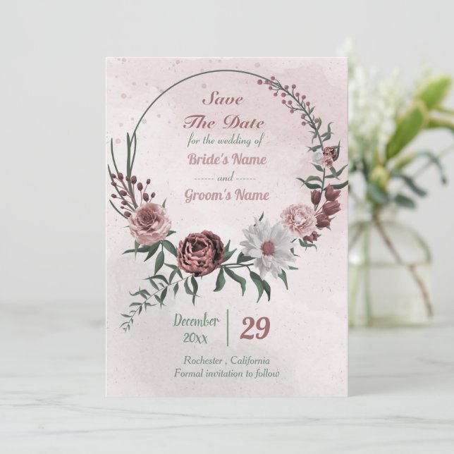 cinnamon rose white floral wreath  save the date (Standing Front)