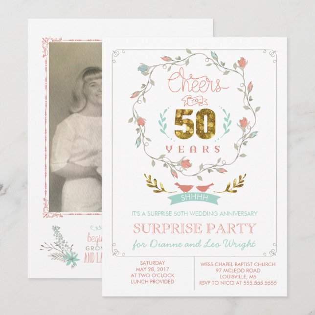 cinquantième Invitations de fête d'anniversaire (Devant / Derrière)