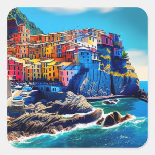 Cinque Terre, Italy Oil Painting Style Square Sticker