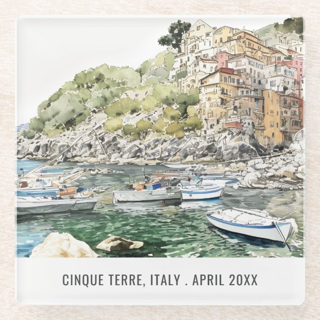 Cinque Terre Italy Sea Watercolor Italian Travel Glass Coaster (Front)
