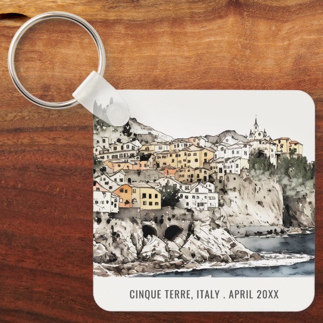 Cinque Terre Italy Sea Watercolor Italian Travel Keychain (Front)