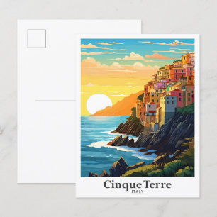 Cinque Terre Italy Travel Art Vintage Illustration Postcard