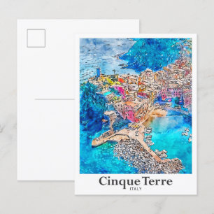 Cinque Terre Italy Travel Watercolor Hand Drawn Postcard
