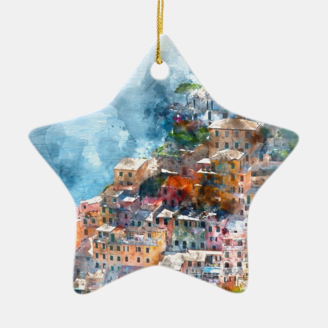 Cinque Terre Italy Watercolor Ceramic Ornament (Front)