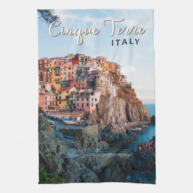 Cinque Terre Italy Watercolor Vintage  Kitchen Towel (Vertical)