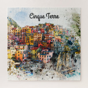 Cinque Terre Liguria Italy scene summer watercolor Jigsaw Puzzle
