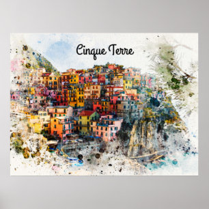 Cinque Terre Liguria Italy scene summer watercolor Poster