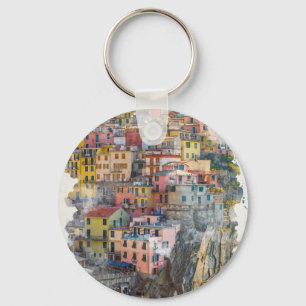 Cinque Terre Watercolor Art Keychain