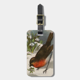 Circa 1871: A robin, with mistletoe in its beak Luggage Tag