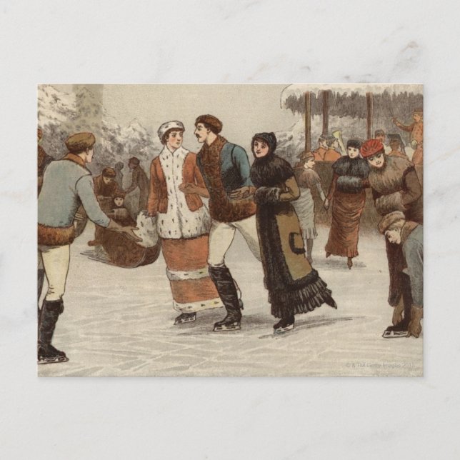 Circa 1899: Ice-skaters enjoying Christmas Holiday Postcard (Front)