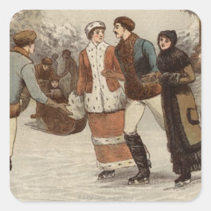 Circa 1899: Ice-skaters enjoying Christmas Square Sticker