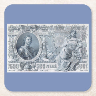 circa 1912 Tsarist Russia 500 ruble bill Square Paper Coaster