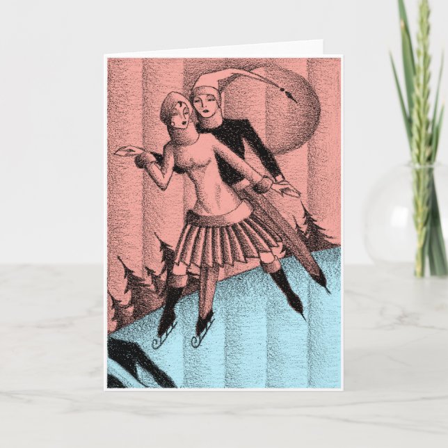 Circa 1930 Art Deco Holiday Ice Skaters Drawing (Front)