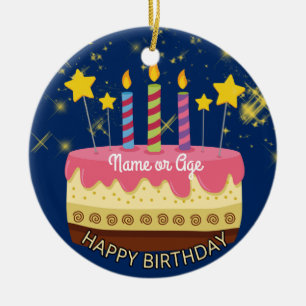 CIRCLE BIRTHDAY Cake with Stars & Sparklers Ceramic Ornament